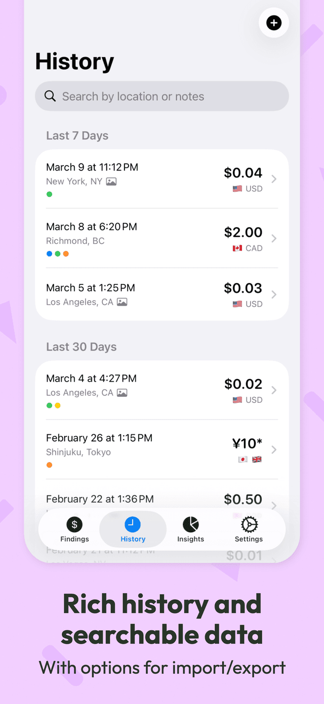Searchable history with import and export